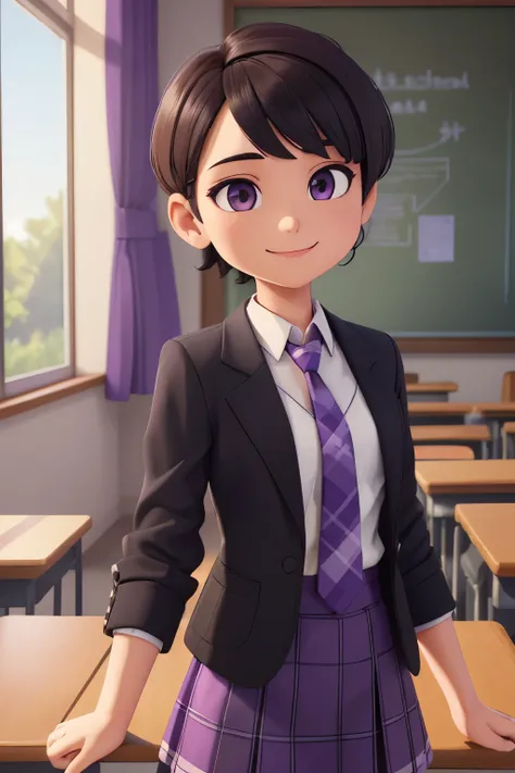 (the theme comes with a prompt that includes an intricate, detailed, and perfect image of a beautiful Claudia Chever, a gender-neutral student, center part black short hair, wearing a purple plaid skirt and a white shirt, a dark reddish purple tie, a black...