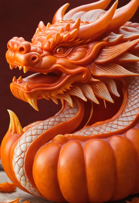 (南瓜和龙雕刻装饰品的close up），pumpkin color，chinese dragons are usually sinuous，wrap the whole pumpkin around the pumpkin，well laid out，龙...