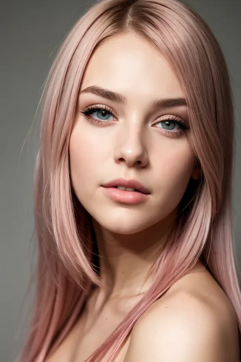 create the realistic face of a 23-year-old brunette woman, long completely pink hair, gray eyes, photograph