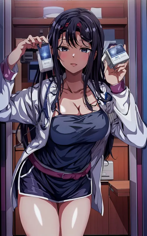 （natta：1.7）， jpn， toyko， sickroom， Stand under the gaze，Dim lighting，Cool light， （nurses outfit：1.3），cleavage， black_Hair，Long_Hair，Hair_Pulled_back