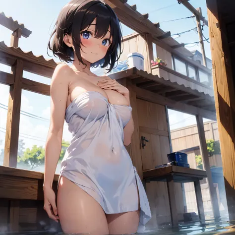 (masterpiece:2.0), (highest quality:2.0), (Leaning forward naked in a hot spring:1.5), (Extra short white tube top towel:1.5), (super sexy pose:1.5), (look up from below:1.5), (perfectly exposed shoulders:1.5), (perfectly exposed nape:1.5), (blushing face:...