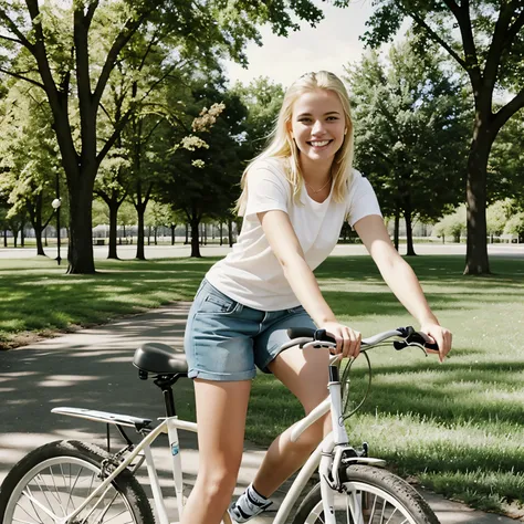 a beautiful 18 yearold blonde girl riding a bike on the park, smiling