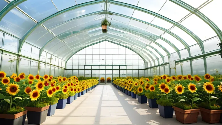 Photo realistic, 4K, 16;9 aspect ratio, wide aspect ratio, morning glory, sunny day, interior of glass greenhouse, long empty aisle, potted sunflowers on both sides of the aisle, high ceiling, potted sunflowers everywhere, empty