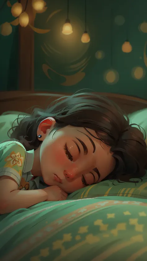 The little girl lay asleep on the bed，goodnight，Sweet dreams，very cute，close up，Pixar cinematic style, best quality, movie stills,