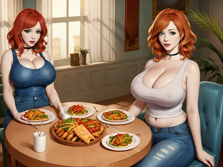 Christina Hendricks, masterpiece quality, sitting at dinner table, lots of food on table, in dining room, wearing white tank top, wearing blue jeans, wearing choker collar, big breasts, 