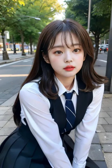 Arafed Asian woman wearing school uniform sitting on a sidewalk, ulzzang, a colegiala hiperrealista, muchacha coreana, female korean idol portrait, pale korean adorable face, joven y adorable rostro coreano, cabello limpio con flequillo, colegiala hiperrea...