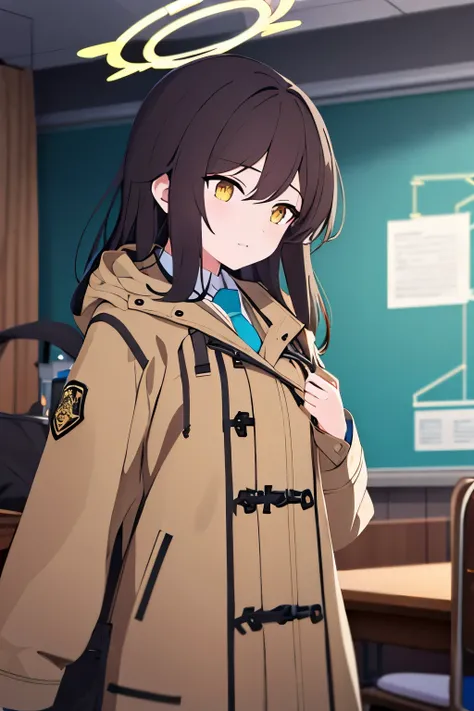 golden eyes，Long dark brown hair，halo，Brown hooded trench coat，no hat，blue tie，school shirt，picture，1 girl，In the room