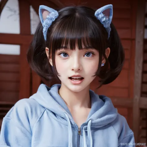 girl,baby face,bob hair,beautiful eyes,fine eyes,perfect face,dark blue hair,red eyes,cat ear hoodie,double teeth,cat eyes,big b...