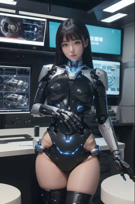 masterpiece, best quality, extremely detailed, hight resolution, 超A high resolution:1.1, (masutepiece, Realistic, Photorealsitic:1.1),8k portrait, Japaese android Girl,Plump,single eyelid,announcer,control panels,android,Droid,Mechanical Hand, Robot arms a...