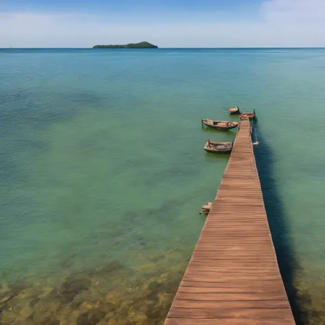 Wide-Angle Shot of the real atmosphere of a Malay fishing village, a wooden jetty by the beach, there is a wooden canoe, 4k realistic detailed image.