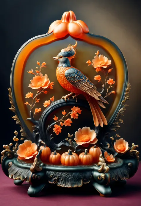 （product design），(phoenix and peony ornaments carved from pumpkins on a plate：1.1），（whole body），chinese flower and bird landscap...