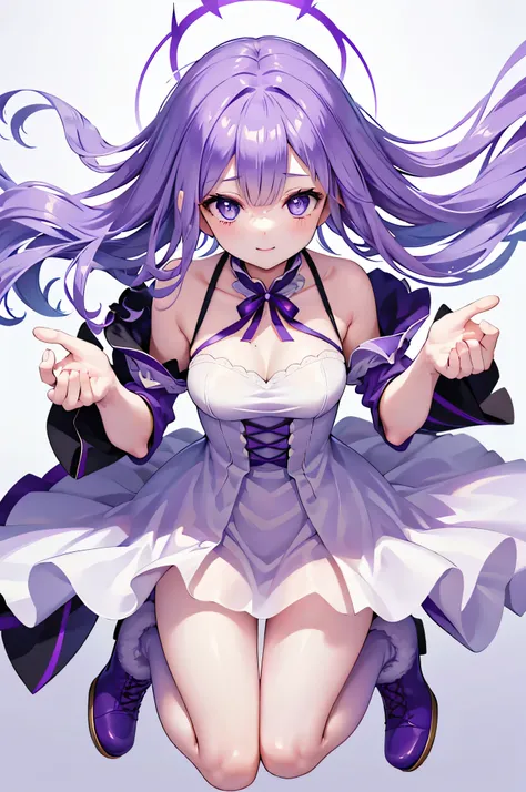 (debris flies, highest quality, ultra high resolution),1 girl,suit , beautiful and detailed face, 細かいeye,((purple theme)),((whole body)),完璧なeye、no background,white background,((wearing purple boots)),((Cute fluffy white dress)),Isshiki、model、beautiful thin...