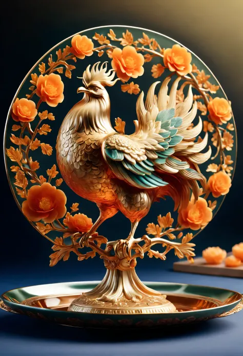 ，scenography，product design，(pumpkin carving phoenix peony gourmet sculpture on dining table：1.1），（whole body），chinese flower an...