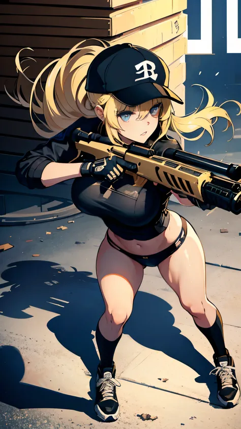 Close up portrait of woman with gun, blonde long hair, baseball cap, small details. female action girl, full body portfolio, in an urban combat zone, gun action, big ass, socks, sneakers, dull bangs, adult woman, belly button, crack,