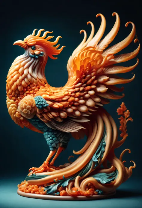 ，scenography，product design，(pumpkin carving phoenix peony gourmet sculpture on dining table：1.1），（whole body），chinese phoenix，f...