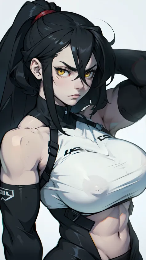 pale girl muscular girl huge breasts black hair yellow eyes expressionless sad