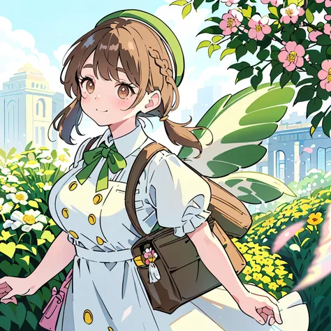 (brown hair:1.2),(Braided shorthair:1.2),(Braided pigtails:1.2),(With bangs),(brown eyes:1.25),blush,(The eyes are shining brightly:1.2),(eye size:1.7),(A place full of flowers, greenery, and spirit:1.15),(Gentle sunlight:1.1),(Soft picture),(fairy wings:1...