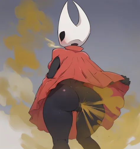 hornet, no feet, furry female, anthro, standing, solo, red cloak, (best quality), looking at viewer, flat colors, nsfw, flashing butt, beautiful butt, back view, farting, hornet farting, onara, anus