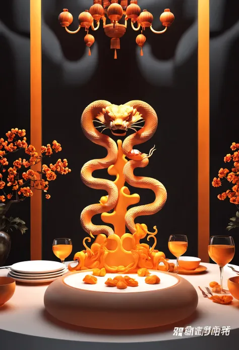 scenography，（用南瓜sculpture一个凤凰和牡丹的sculpture），中国dining table上的食品，3d rendering，32k，hd，console， cutting，sculpture，python，background：...