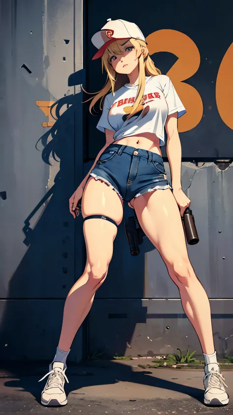 Close-up of a woman wearing a white T-shirt and micro denim skirt and holding a gun, blonde long hair, baseball cap, small details. female action girl, full body portfolio, in an urban combat zone, gun action, big ass, pants line, ((Panties that dig into t...