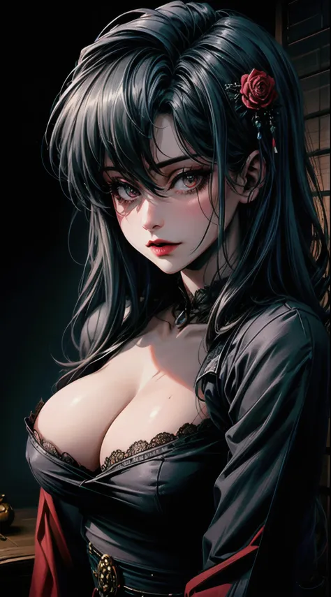 1 milf girl, dark atmosphere, highly detailed skin,, cleavage,old Japanese style ,8k quality, ultra sharp, ultra realistic detailed, dark atmosphere, dark colors, beautiful maiden dress, vibrant colors, black rose in hair , cleavage,