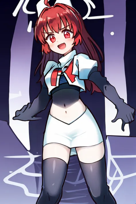 1girl, , red eyes,ahoge, team rocket,team rocket uniform, red letter R, white skirt,white crop top,black thigh-highs, black elbow gloves,