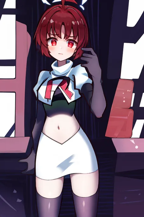 1girl, , red eyes,ahoge, team rocket,team rocket uniform, red letter R, white skirt,white crop top,black thigh-highs, black elbow gloves,