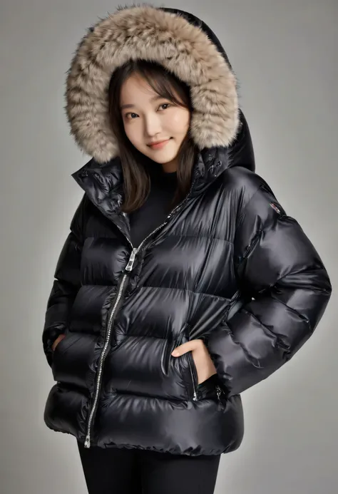 ((best quality)), ((masterpiece)), (detailed), perfect face, beautiful 16 year old Japanese woman, silk tight black moncler puffer coat, seductive,  smiling, happy, pov, curvy figure, ((tight puffer coat)), fur hood, silk bra, large breasts, open coat