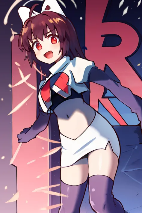 1girl, , red eyes,ahoge, team rocket,team rocket uniform, red letter R, white skirt,white crop top,black thigh-highs, black elbow gloves,