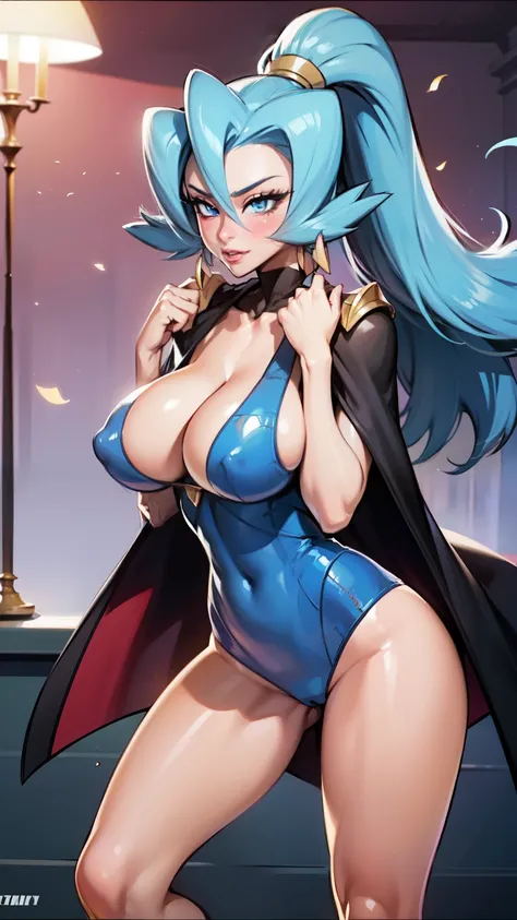 blush, smileglowing aura, natural light, masterpiece,  glossy skin, juicy lips , sexy, hot, cleavage, evil,juicy lips, bimbo, ((Clair)), pokemon, hour glass, blue hair,  wide eyes, blue eyes, massive boobs, ponytail, dark lighting, long hair, pink bow, pla...