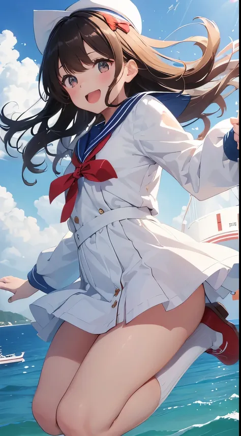 A girl wearing a white long-sleeved sailor suit、　Brown long hair、red ribbon eyes、cute、no hat、jump、flying in the sky、Fly through the sky、fun、laughter、Laugh with a big mouth、from head to foot、espadrilles、