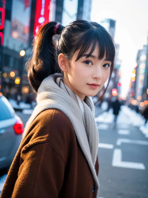 photorealistic, 8K, Full body pinup poster from head to foot, Beautiful woman, attractive look, Hair style is ponytail, 16 years old, Tokyo, 2023, winter clothing, Shibuya in the background