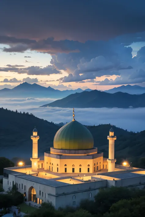  Mosque, with dark green dome, on top of mountain, thunder strom, fog, lake