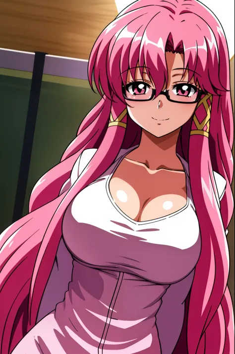 1 girl, pink haire, long haire, pink eyes, smile, sexy body, big breast, hdr, 8k, school, sexy teacher clothes, glasses, in the ...