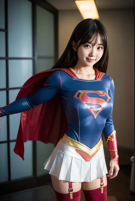 adorable, japanese girl, 17 years old, (supergirl costumes:1.2),shortcut、plump thighs, big breasts、chirarism、thin belly、abs、smil...