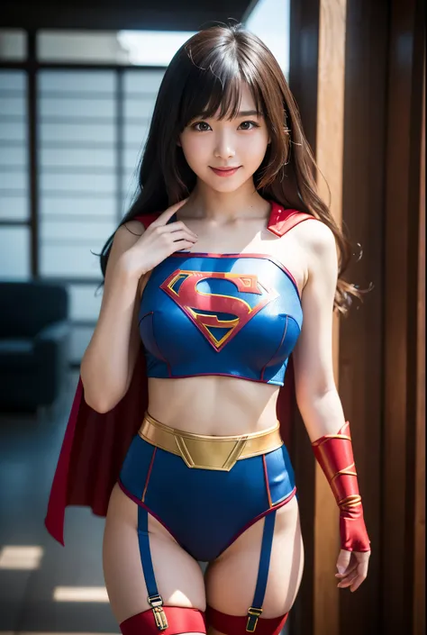 adorable, japanese girl, 17 years old, (supergirl costumes:1.2),shortcut、plump thighs, big breasts、chirarism、thin belly、abs、smil...