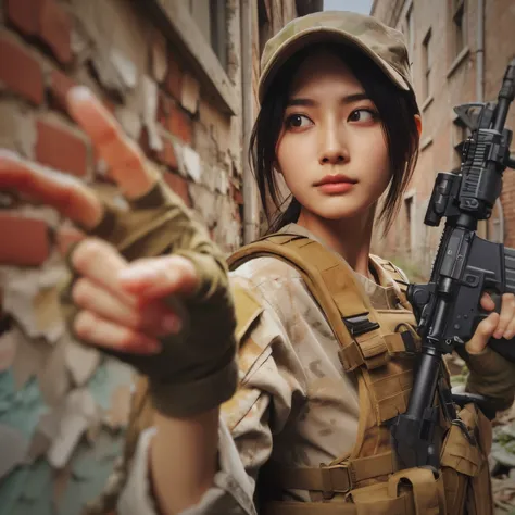 photorealistic、realistic skin texture、automatic rifle、