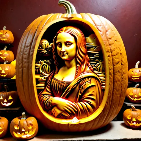 pumpkin carving, mona lisa, mona lisa, pumpkin carving art, carving, masterpiece, excellent quality, hyperrealistic, feature pho...