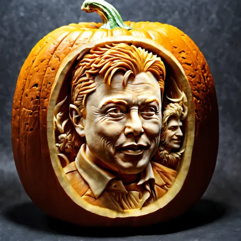 pumpkin carving, elon musk, pumpkin carving art, carving, hyperrealistic, super detailed, very detailed, jewelry cutting