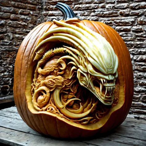 Pumpkin carving, Scene with an alien xenomorph in the style of Hans Giger, Pumpkin carving art, carving, hyperrealistic, hyper-detailed, very detailed, jewelry cutting