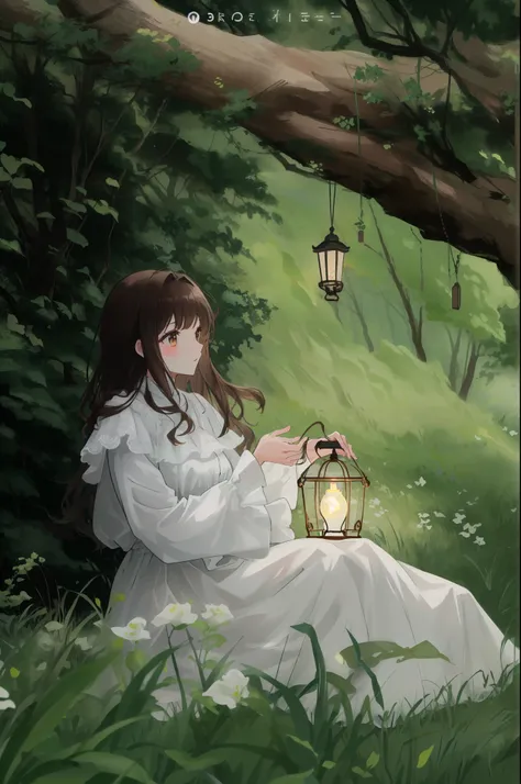 araffe girl in a white dress sitting in the grass with a birdcage, (brown long hair swept bangs:1.3), very magical and dreamy, ethereal beauty, ethereal fairytale, a stunning young ethereal figure, profile pic, ethereal and dreamy, girl under lantern, beau...