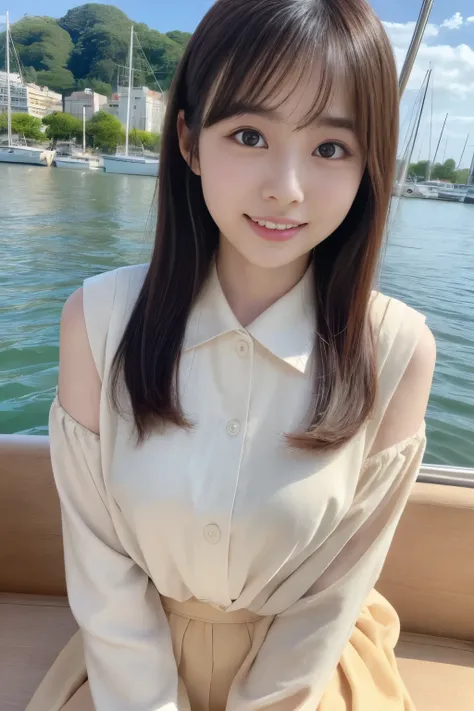 8K RAW photo、High resolution、18 year old Japanese、beautiful eyes、depicted in detail、long eyelashes、beautiful double eyelids、eyeliner、narrow eyes、elongated eye shape、Sansakumaru&#39;Legally thin and beautiful thighs、Random long hair、lazy smile、girly style c...