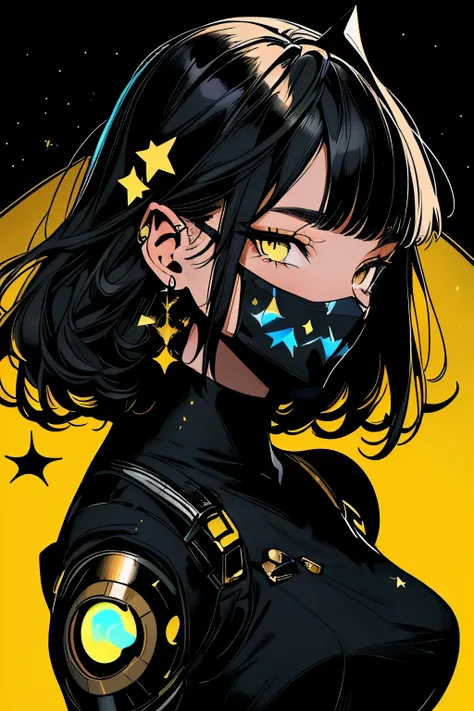 Artistic image, female Black Bolt with golden and bronze pattern. She has a face with sharp features and a body with muscular shapes. She is wearing a suit and a mask that covers her mouth. The background is a cosmic scene, with stars, planets, and nebulae...