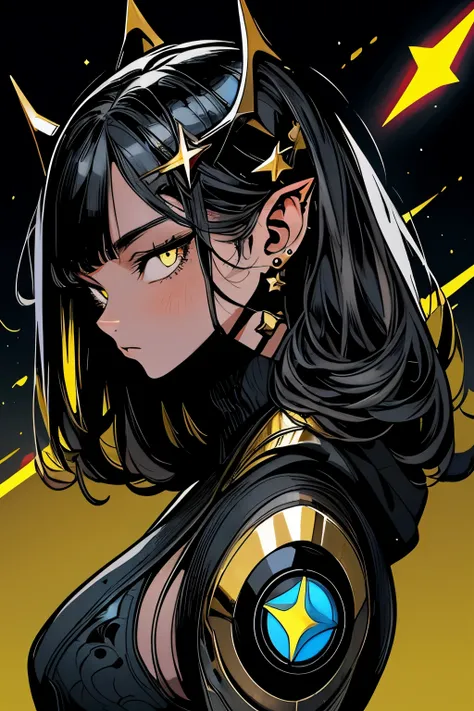 Artistic image, female Black Bolt with golden and bronze pattern. She has a face with sharp features and a body with muscular shapes. She is wearing a suit and a mask that covers her mouth. The background is a cosmic scene, with stars, planets, and nebulae...