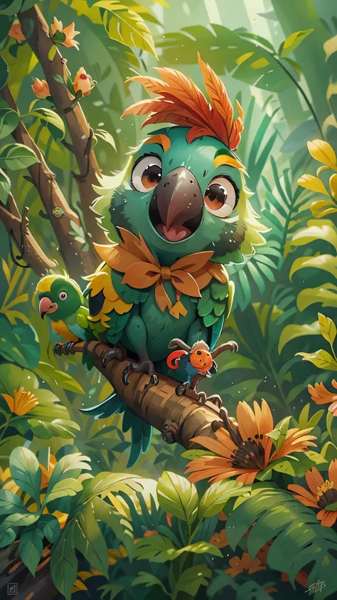 A cute parrot，playing on the brancheront view, close up, Pixar cinematic style, best quality, movie stills, very cute, big eyes, Bright Eyes,  Birds and flowers around,  Rainforest, open mouth, happy，