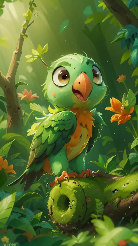 A cute parrot，playing on the brancheront view, close up, Pixar cinematic style, best quality, movie stills, very cute, big eyes, Bright Eyes,  Birds and flowers around,  Rainforest, open mouth, happy，