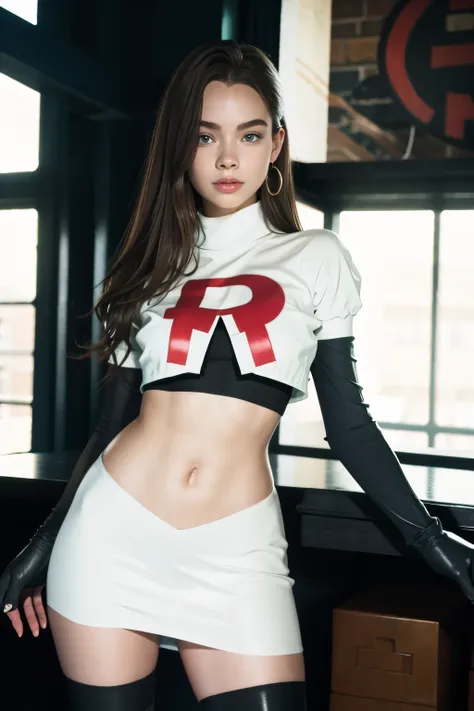 brandygordon, team rocket,team rocket uniform, red letter r, white skirt,white crop top,black thigh-highs, black elbow gloves,