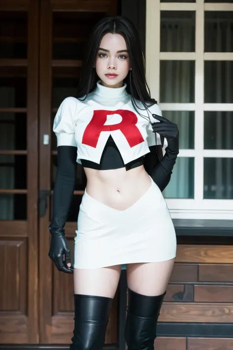 brandygordon, team rocket,team rocket uniform, red letter r, white skirt,white crop top,black thigh-highs, black elbow gloves,