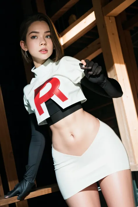 brandygordon, team rocket,team rocket uniform, red letter r, white skirt,white crop top,black thigh-highs, black elbow gloves,