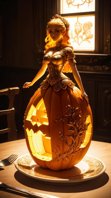 (a cute girl carved from a large pumpkin：1.1），（whole body），beautiful long-haired girl，retro long skirt，16k，orange，relief， and ho...